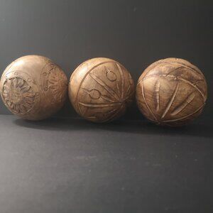 Hand Carved Decorative Wooden Orbs/Spheres Set of 3 with Carved Patterns 4"